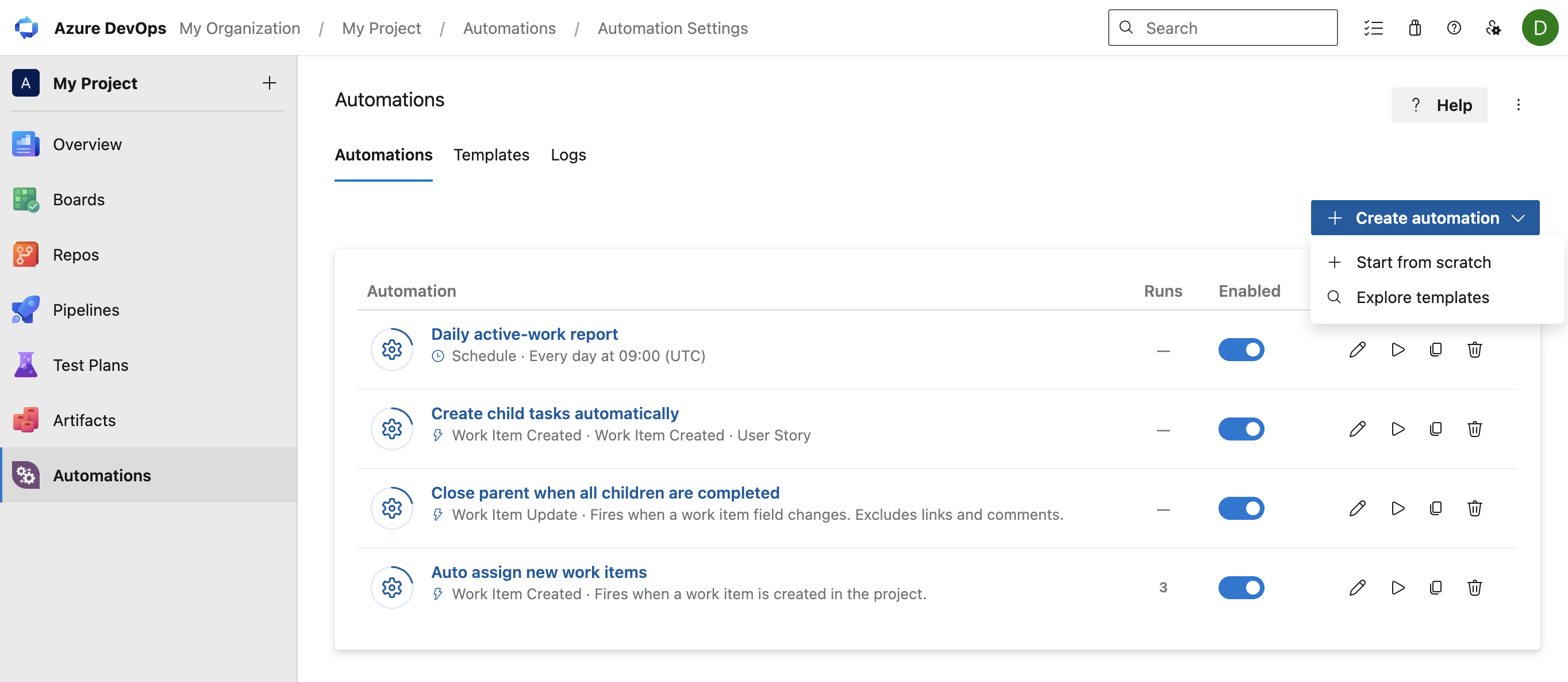 Main Automations screen