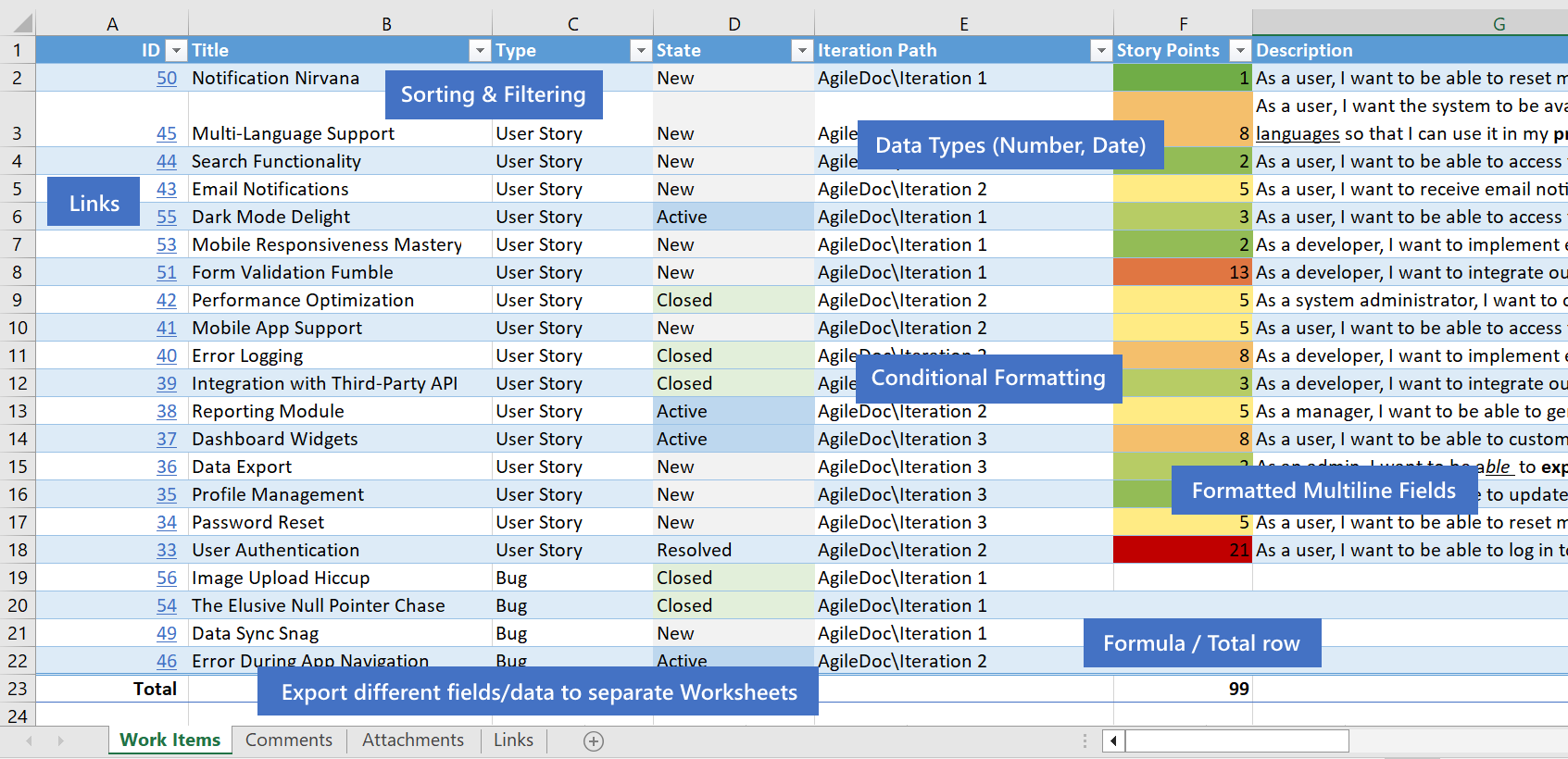 Excel export features